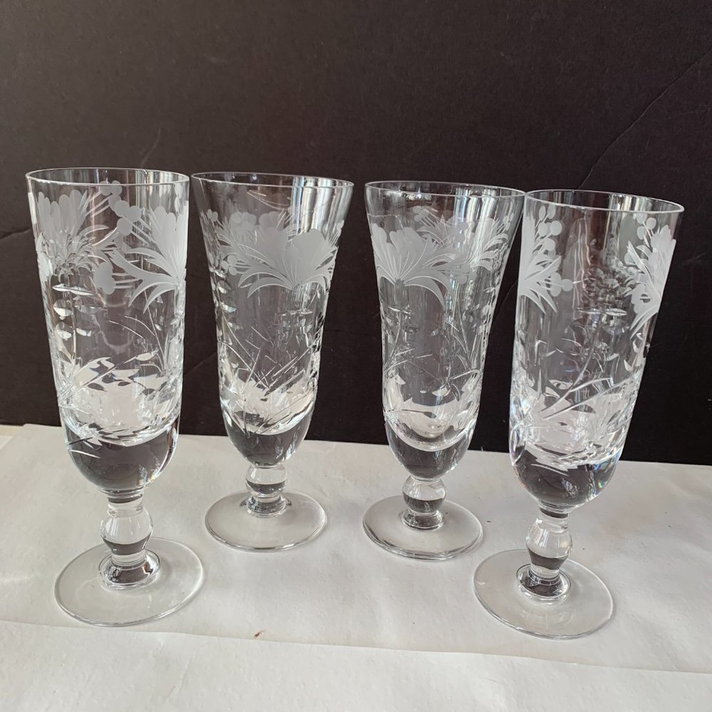 ROYAL BRIERLEY  Fluted Champagne Honeysuckle SIGNED CRYSTAL GLASSES SET OF 4